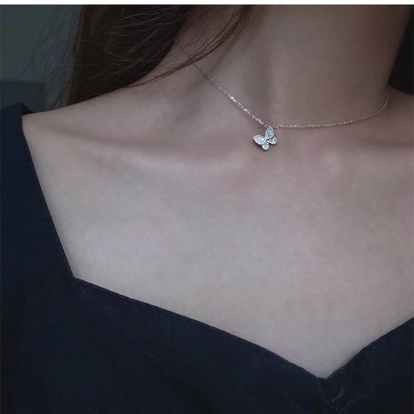 925 Sterling Silver Diamond Butterfly Necklace P - Picture 4 of 11